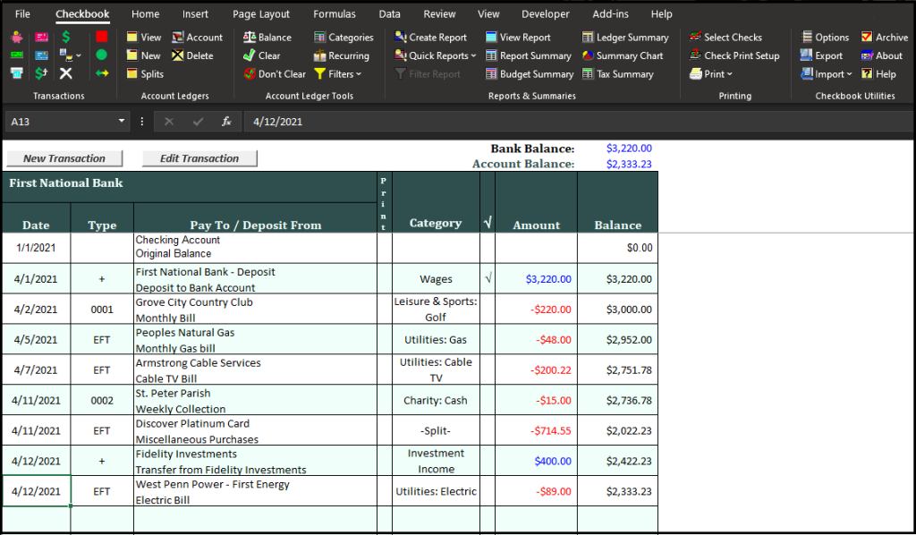 Checkbook For Excel1